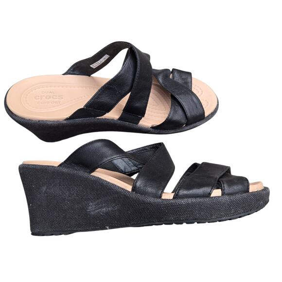 Crocs Womens Black Leather Criss Cross comfort Wedge Sandals Size 9 - Picture 1 of 9